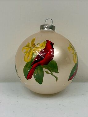 Vintage 1970s Christmas Glass Ball Ornament With Red Cardinal Bird